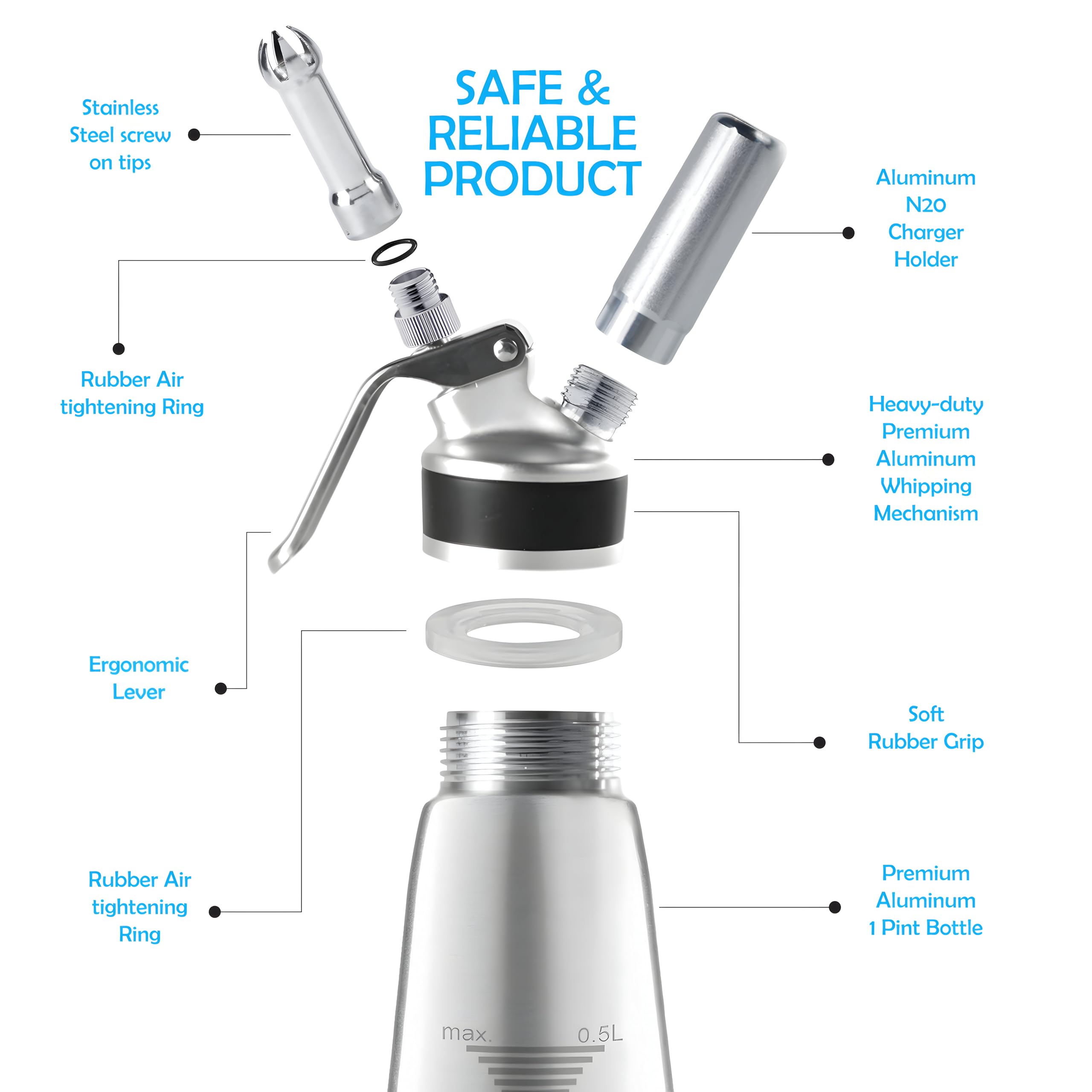 SWISSTON Whipped Cream Dispenser 500ml/1 Pint - Aluminum Cream Whipper & Whipping Siphon for Cold Foam, Coffee & Desserts