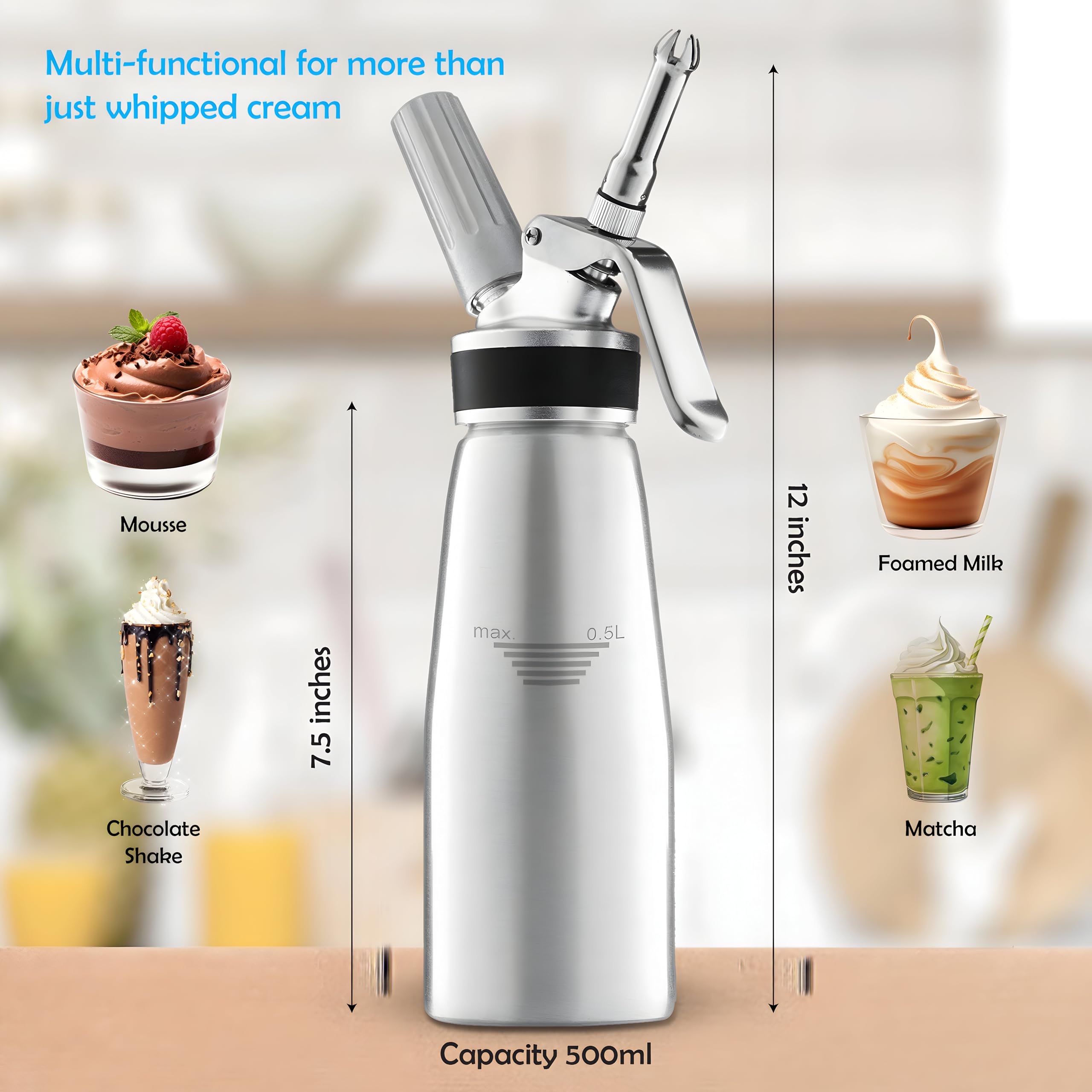 SWISSTON Whipped Cream Dispenser 500ml/1 Pint - Aluminum Cream Whipper & Whipping Siphon for Cold Foam, Coffee & Desserts