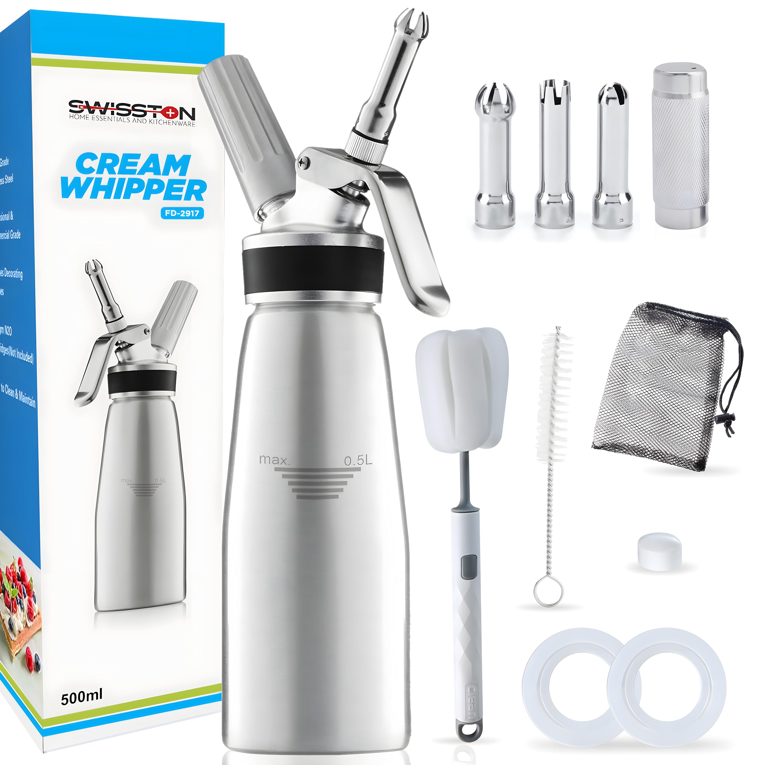 SWISSTON Whipped Cream Dispenser 500ml/1 Pint - Aluminum Cream Whipper & Whipping Siphon for Cold Foam, Coffee & Desserts